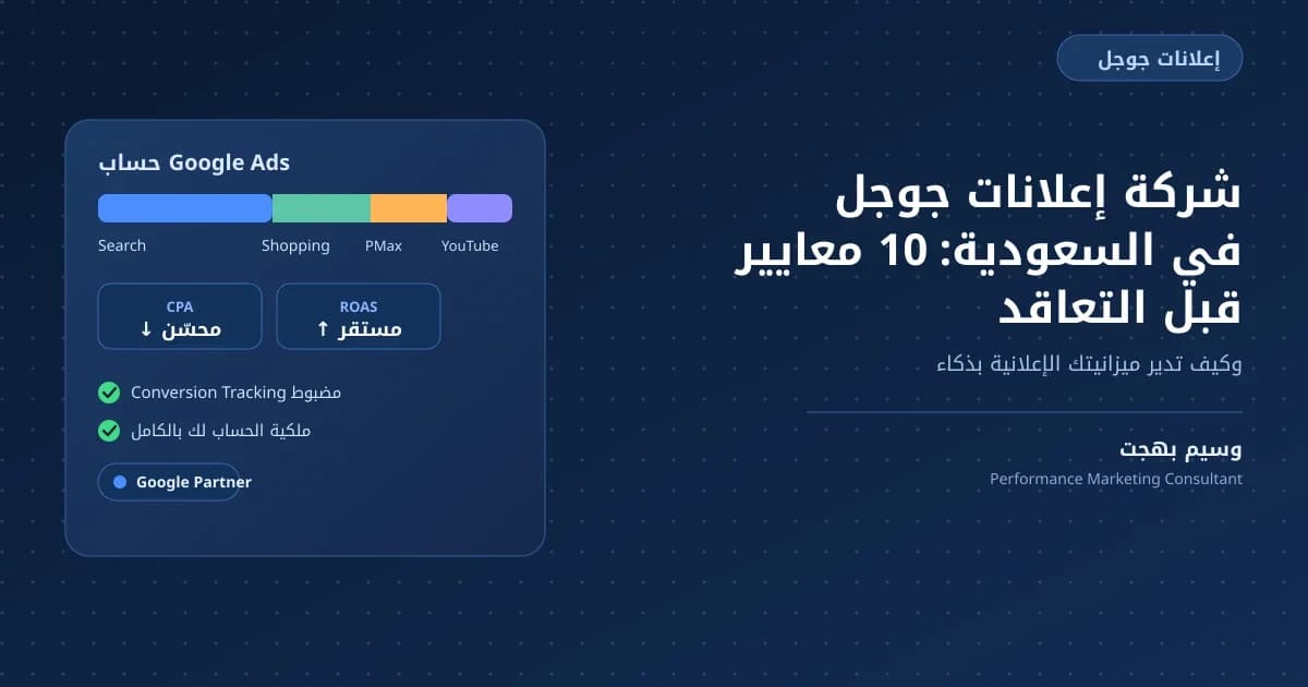 شركة إعلانات جوجل في السعودية: 10 معايير قبل التعاقد - لوحة أداء حساب Google Ads تعرض توزيع الحملات وCPA وROAS وحالة Google Partner