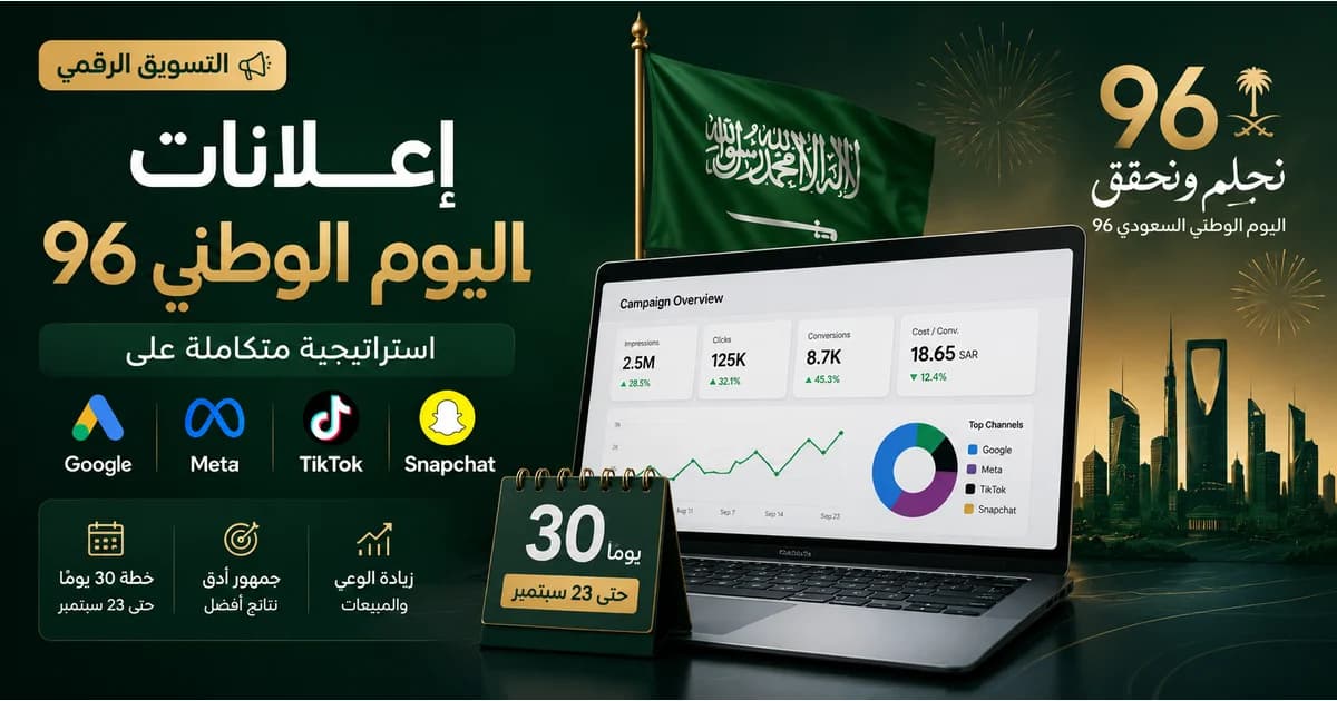 استراتيجية إعلانات اليوم الوطني السعودي 96 عبر Meta وGoogle وTikTok وSnapchat