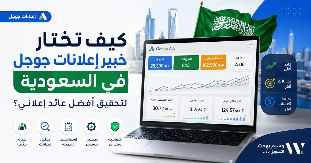 تصميم يوضح اختيار خبير إعلانات جوجل في السعودية مع لوحة أداء تتضمن التحويلات وتكلفة الاكتساب والعائد الإعلاني