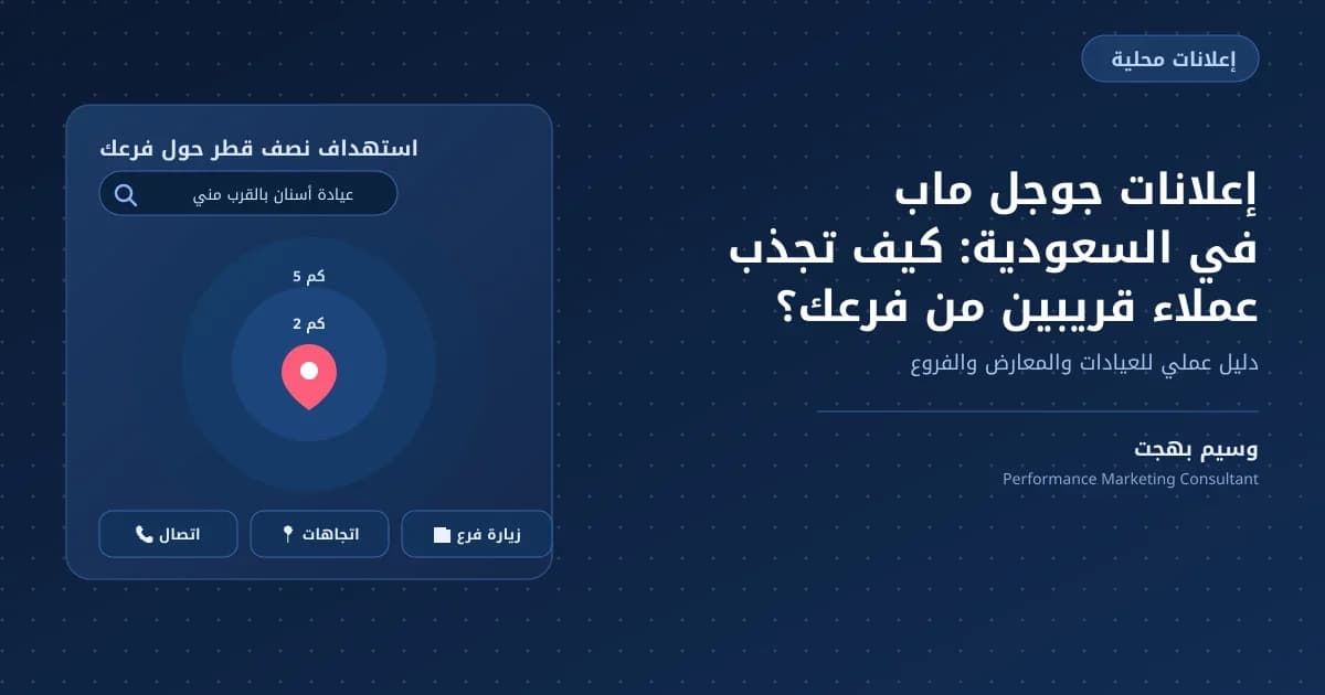 إعلانات جوجل ماب في السعودية: كيف تجذب عملاء قريبين من فرعك - خريطة تظهر دوائر استهداف نصف قطر حول دبوس موقع الفرع مع أزرار اتصال واتجاهات وزيارة فرع