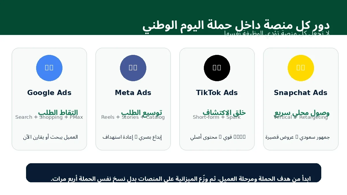 مقارنة دور Google Ads وMeta Ads وTikTok Ads وSnapchat Ads في حملة اليوم الوطني