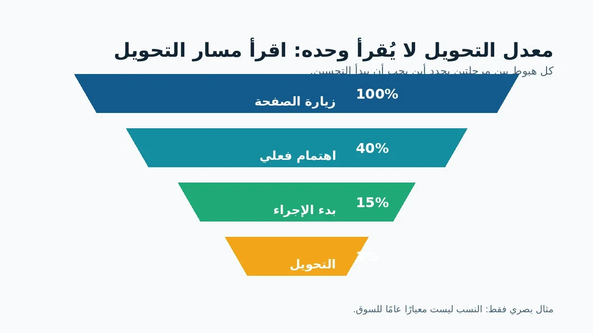 مخطط Funnel يوضح الانتقال من زيارة الصفحة إلى الاهتمام ثم بدء الإجراء ثم التحويل