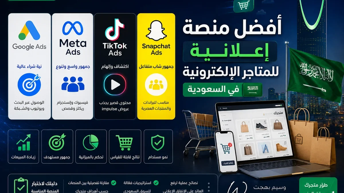 مقارنة بصرية بين Google Ads وMeta Ads وTikTok Ads وSnapchat Ads للمتاجر الإلكترونية
