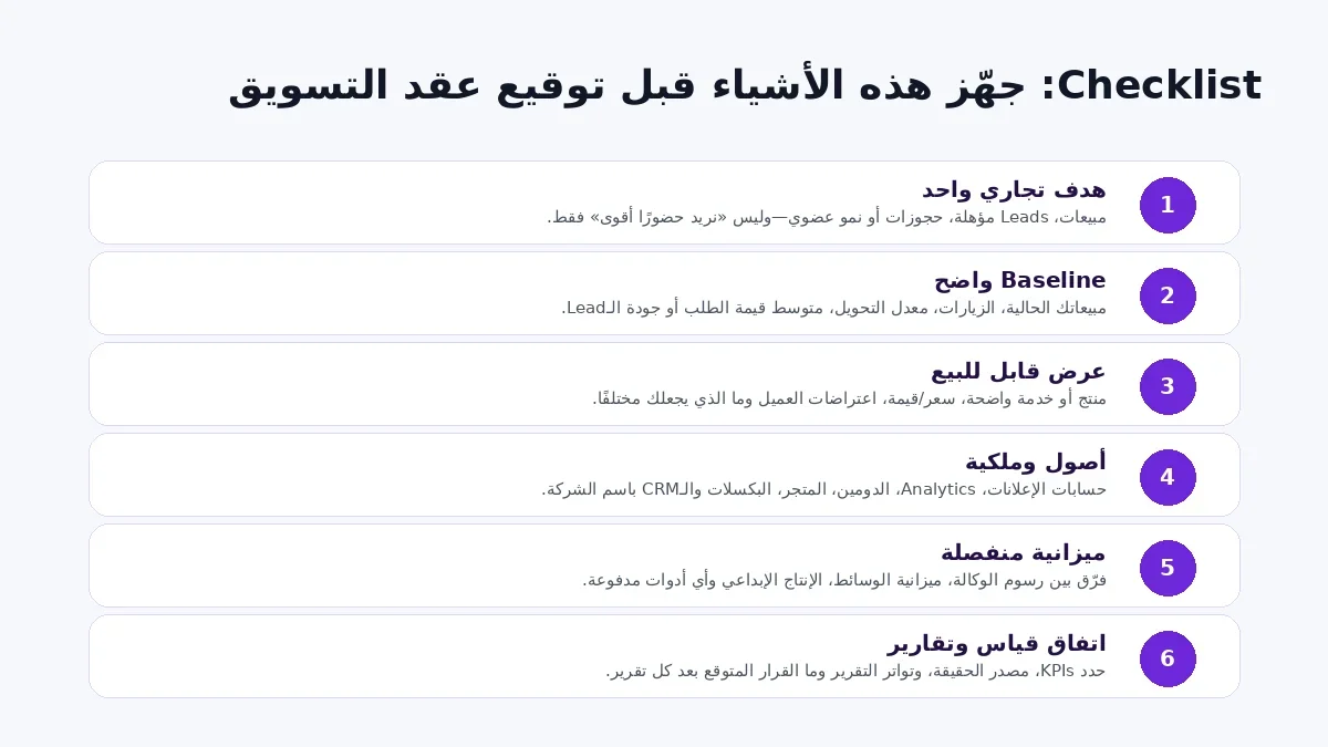 قائمة تحقق بالأمور التي يجب تجهيزها قبل توقيع عقد مع وكالة تسويق إلكتروني