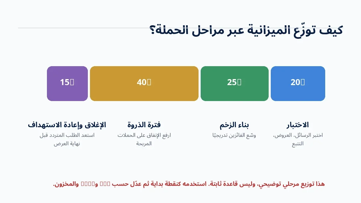 مثال لتوزيع ميزانية إعلانات اليوم الوطني على مراحل الاختبار وبناء الزخم والذروة وإعادة الاستهداف