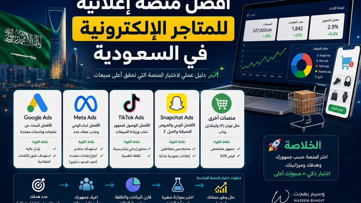 إطار قرار لاختيار المنصة الإعلانية حسب الهدف والجمهور والميزانية وبيانات المتجر