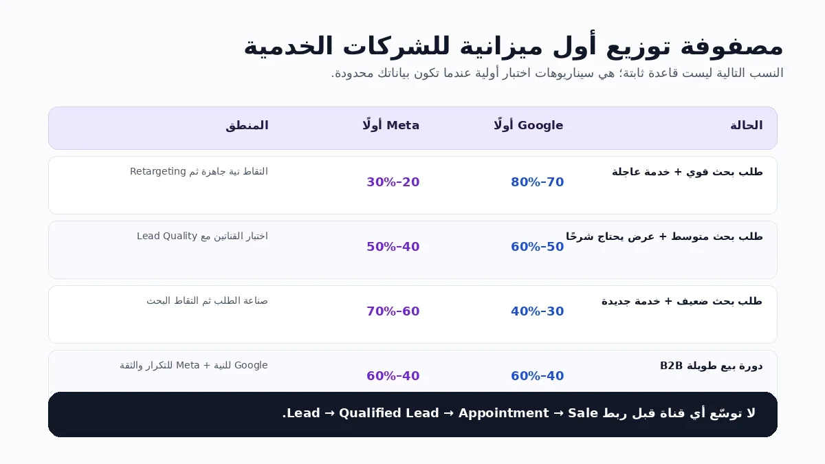 مصفوفة سيناريوهات لتوزيع أول ميزانية بين إعلانات جوجل وإعلانات ميتا للشركات الخدمية