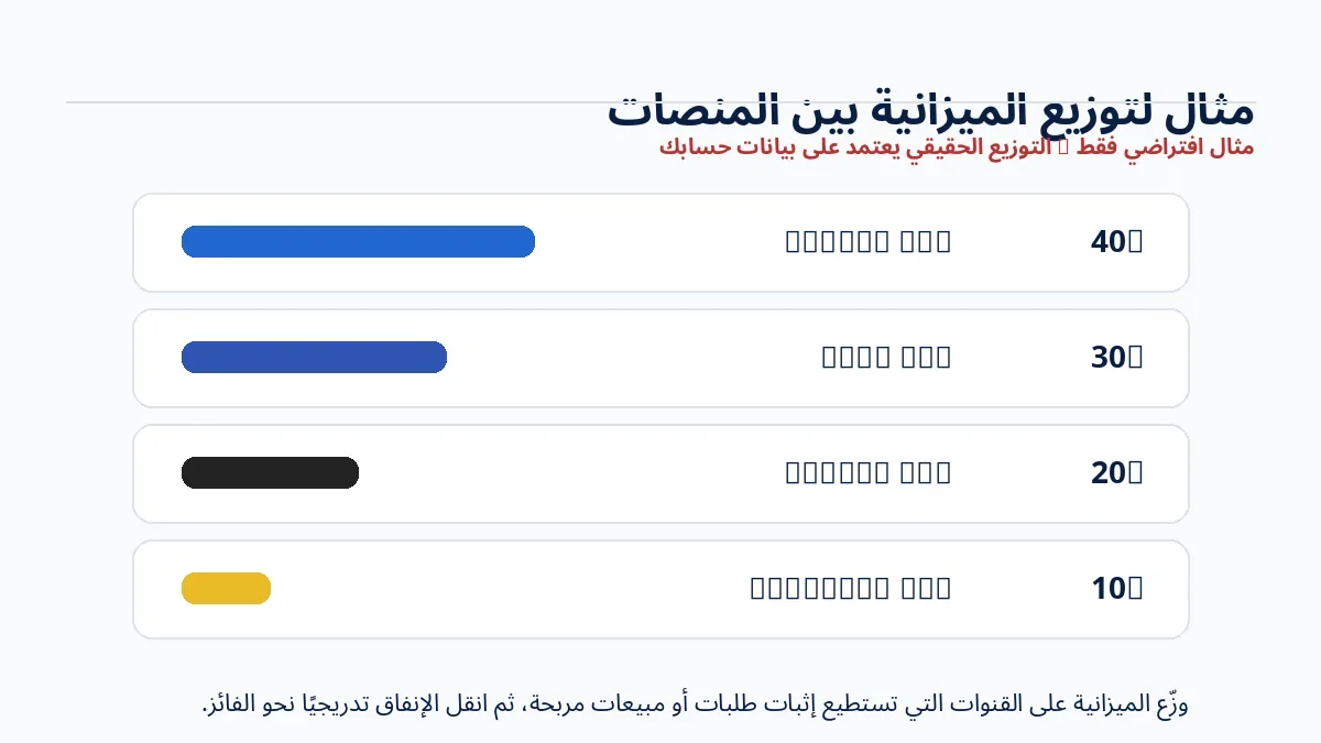 مثال افتراضي لتوزيع ميزانية إعلانات اليوم الوطني بين Google Ads وMeta Ads وTikTok Ads وSnapchat Ads
