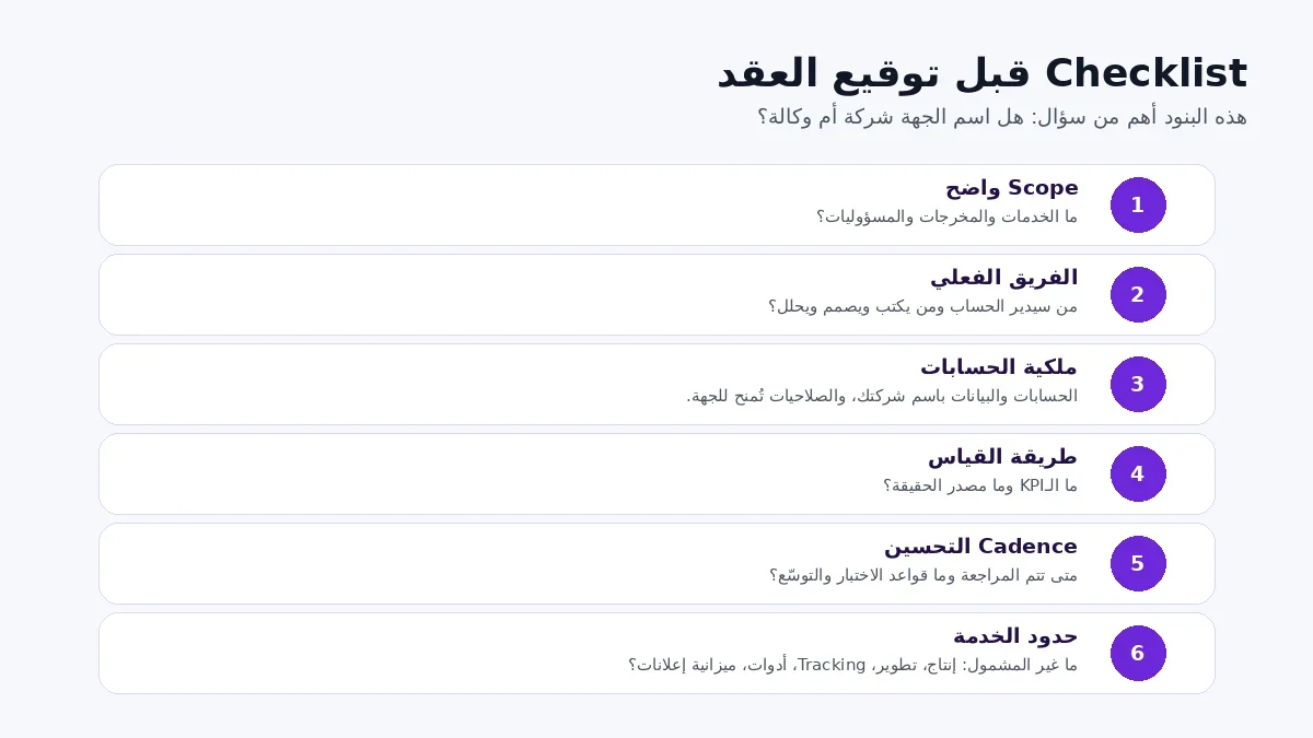 قائمة تحقق قبل التعاقد مع شركة تسويق رقمي أو وكالة تسويق إلكتروني