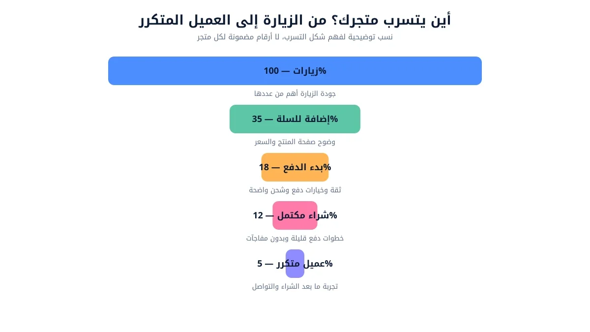 مخطط يوضح أين يتسرب متجر إلكتروني من الزيارة إلى العميل المتكرر