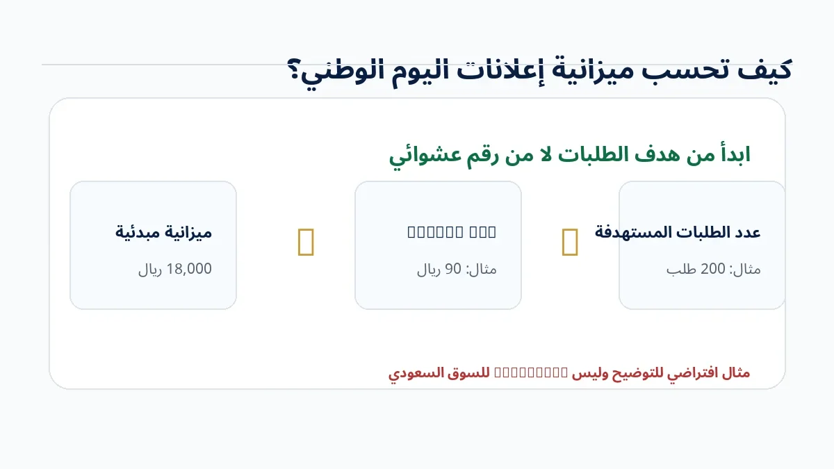 معادلة توضيحية لحساب ميزانية إعلانات اليوم الوطني من عدد الطلبات المستهدفة وتكلفة الاكتساب