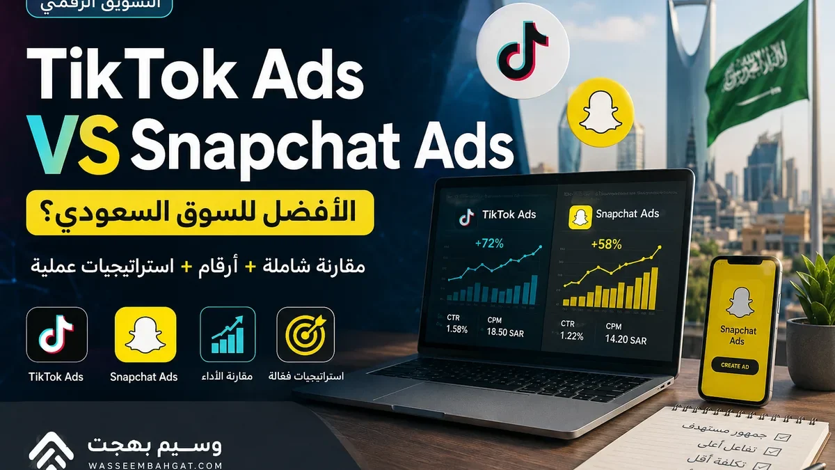 مقارنة بصرية بين TikTok Ads وSnapchat Ads مع مؤشرات أداء وسياق سعودي